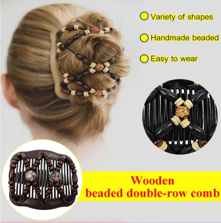 Wooden Beaded Double Row Hair Clip Comb