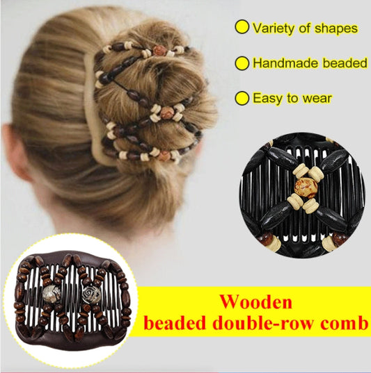 Wooden Beaded Double Row Hair Clip Comb
