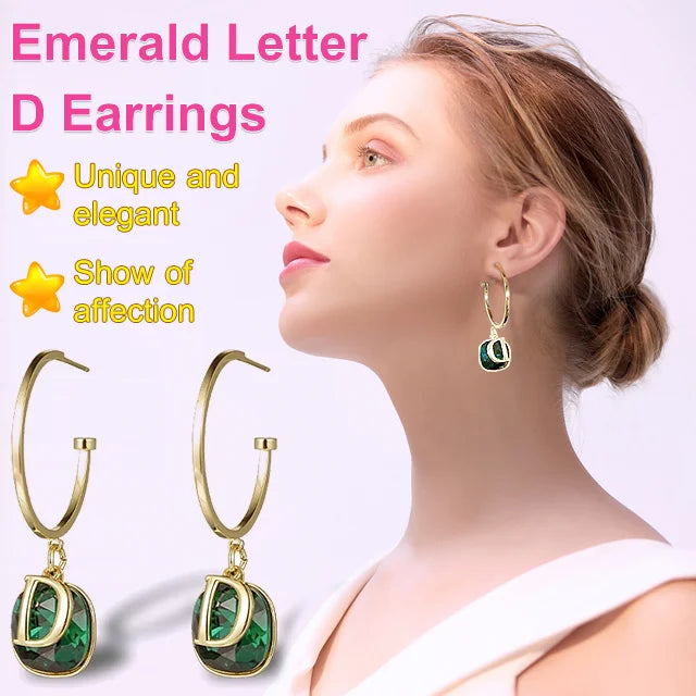 Stylish Green Emerald Earrings with Letter D