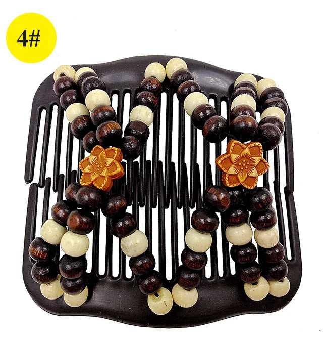 Wooden Beaded Double Row Hair Clip Comb