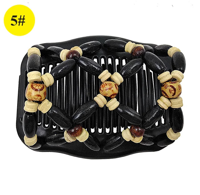 Wooden Beaded Double Row Hair Clip Comb